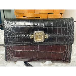 Brighton Dark Brown/Black Croc Embossed Print Leather Snap Wallet  with Strap